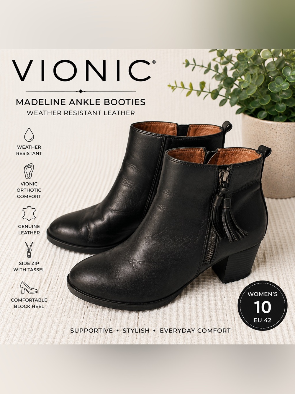Vionic Madeline Black Leather Weather Resistant Ankle Booties Women’s Size 10